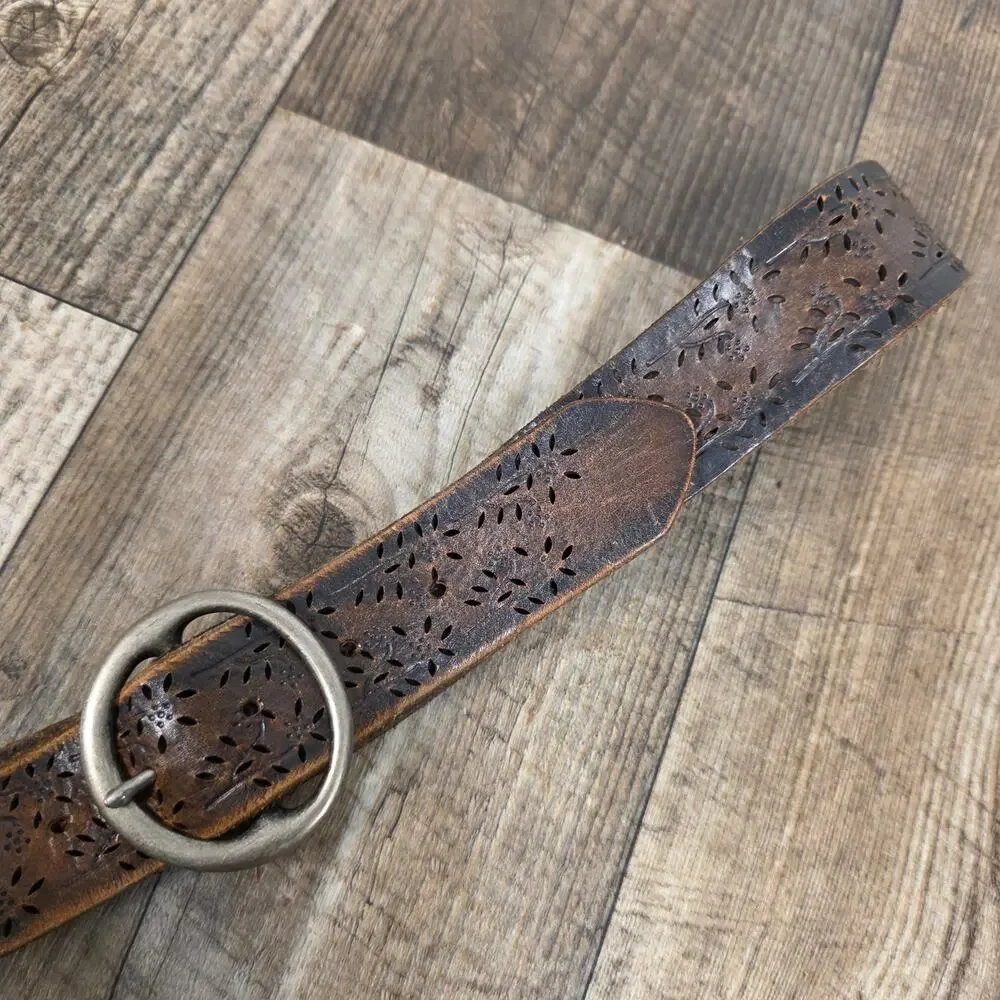 Vibtage Brown Leather Distressed Floral Cutout Belt Western Boho